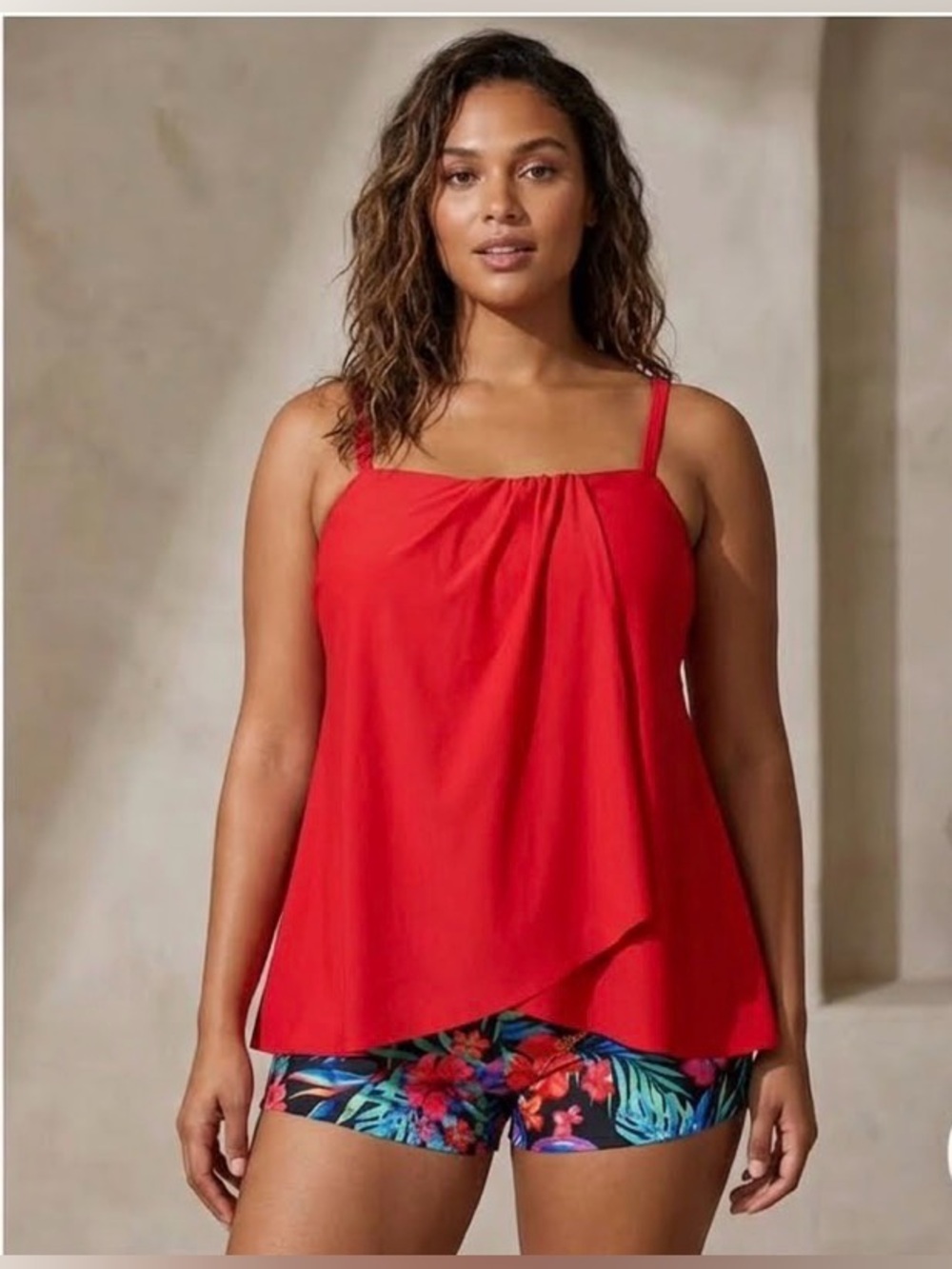 Plus 18W Classic Red Tankini Top with Tropical Floral Swim Shorts beach 1004